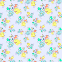 Vector seamless pattern with insect Hand drawn outline decorative endless background with cute drawn butterfly Graphic illustration. Line drawing. Print for wrapping, background, decor - 145644984