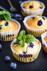 Blueberry muffins with powdered sugar and fresh berries