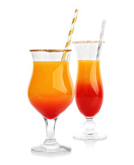 Tequila sunrise cocktails, isolated on white