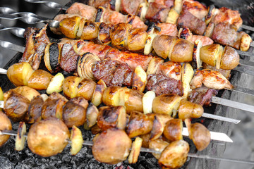 Preparing tasty kebab outdoors, closeup