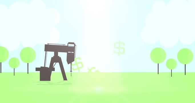 2D animated fracking oil pumpjack in green forest
