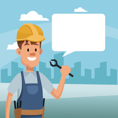 construction man holding tool and bubble speech labor day vector illustration