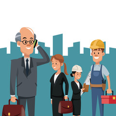 construction people team workers portfolio toolkit urban background vector illustration