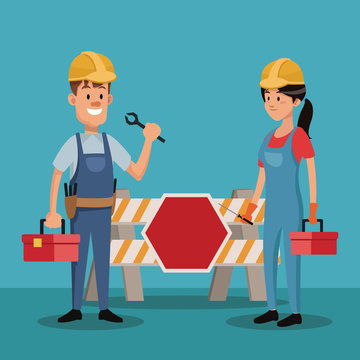 couple people worker construction uniform tools labor day vector illustration