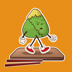 kawaii japanese food wooden plate chopsticks vector illustration