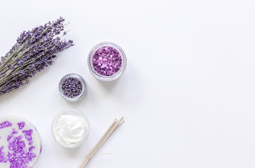 natural herb cosmetic with lavender flatlay on white background top view mockup