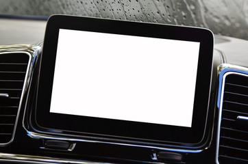 Isolated screen of navigation device inside a car dashboard, with rainy windshield in background