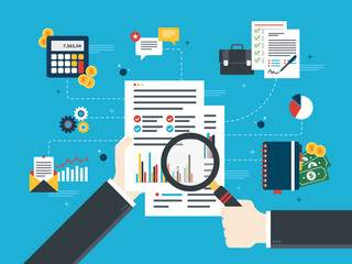 Hand with magnifying glass, analysis of documents with charts. Calculations of rate, investment and tax. Concept of financial investment, analytics with growth report. Flat design vector illustration.