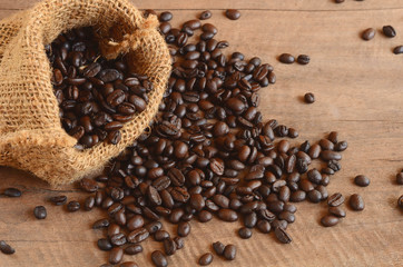  coffee bean in bag sack on wood background