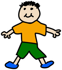 Simple child stickman illustration drawing of boy in t-shirt and shorts smiling
