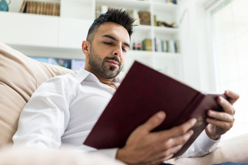 Obraz premium Young confident man reading book at modern home
