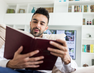 Obraz na płótnie Canvas Young confident man reading book at modern home