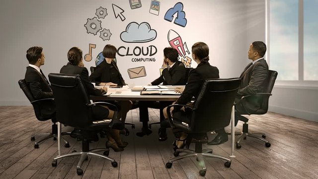 Business people looking at digital screen showing cloud computing
