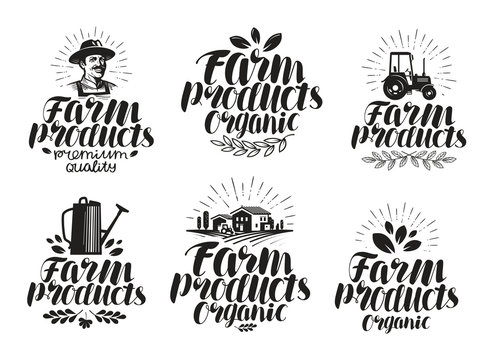 Farm products, label set. Farming, agriculture icon or symbol. Handwritten lettering vector illustration