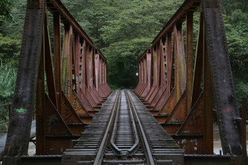 Symmetry of a railway bridge over the a river in the Peruvian jungle