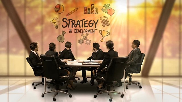 Businesspeople looking at futuristic screen showing strategy and development symbol