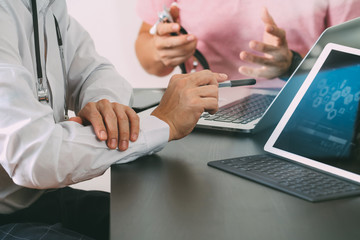 Medical co working concept,Doctor working with smart phone and digital tablet and laptop computer...