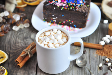 Hot chocolate with white marshmallow in a mug