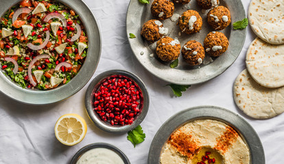 Selection of traditional Arab and Jewish food, selective focus. Healthy food, fitness, and sport diet concept.