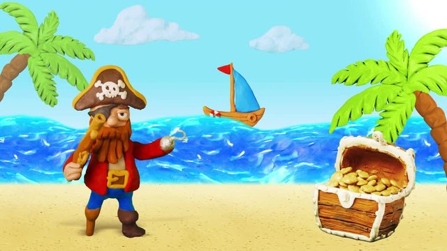 Funny Cartoon Pirate speak and Treasure chest. Summer Beach. Clay animation. 4K