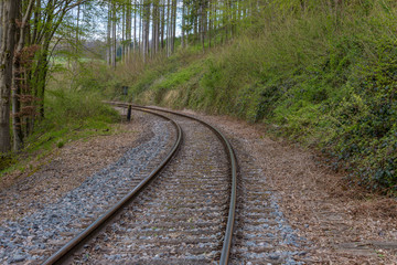 Train track in the middle of a european forest with stones, dry weed, trees and rusty iron