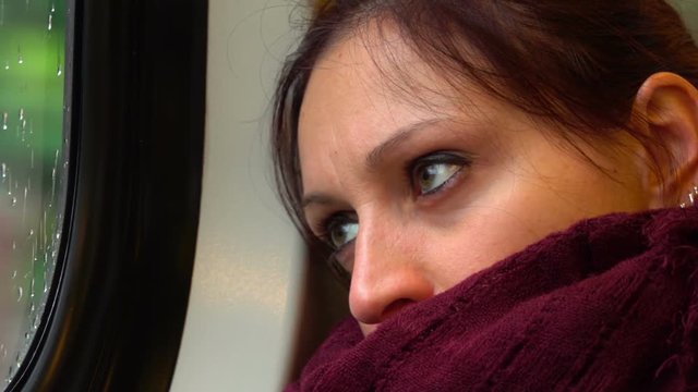 Thoughtful Girl On the Train: Looks Outside
