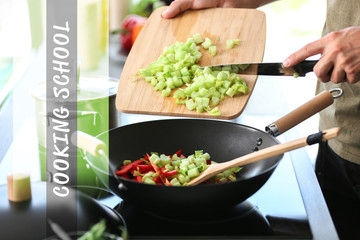 Cooking school concept. Man preparing vegetables in pan