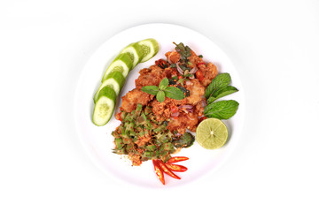 Spicy crispy deep-fried chicken salad.