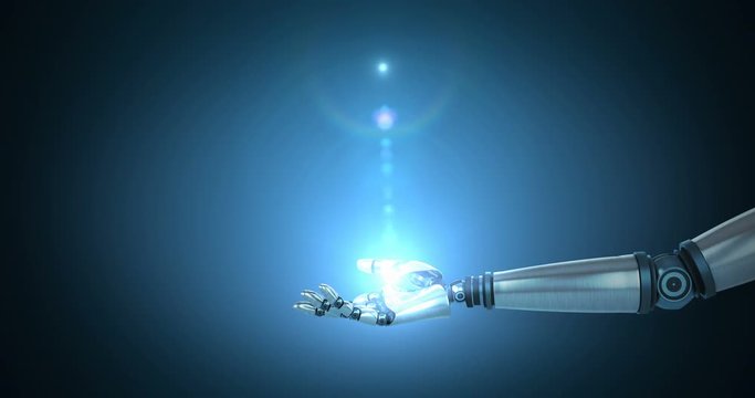 Robotic hand presenting illuminated light against blue background