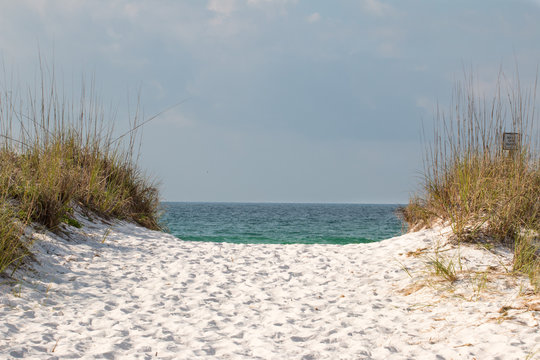 White sand beach path through the dunes to the shore.