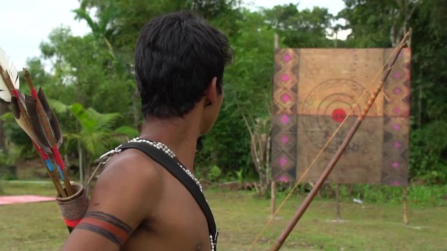 Indigenous man of Tupi Guarani Tribe with Bow & Arrow, in Brazil