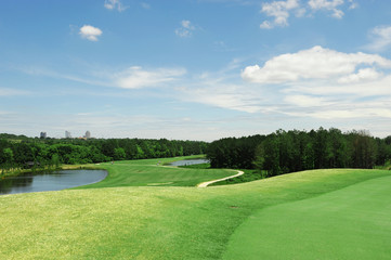 aerial view of golf course in spring sunny day with Raleigh downtown skyline