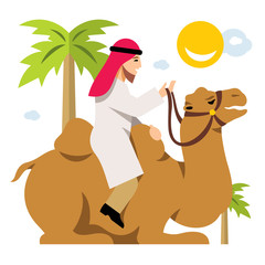 Vector Arab Cameleer. Riding a camel. Flat style colorful Cartoon illustration.