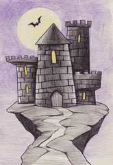 Pencil illustration of a mystical abstract castle and a moon