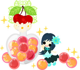 A cute little girl and candies of cherry