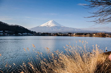 Mt Fuji in the early morning with reflection on the lake kawaguchiko
