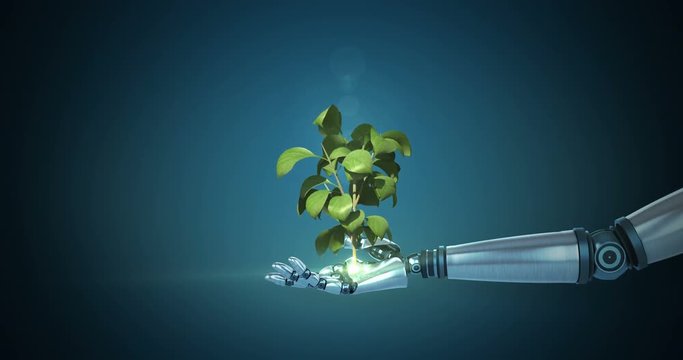 Robotic hand presenting digital green plant growing against blue background