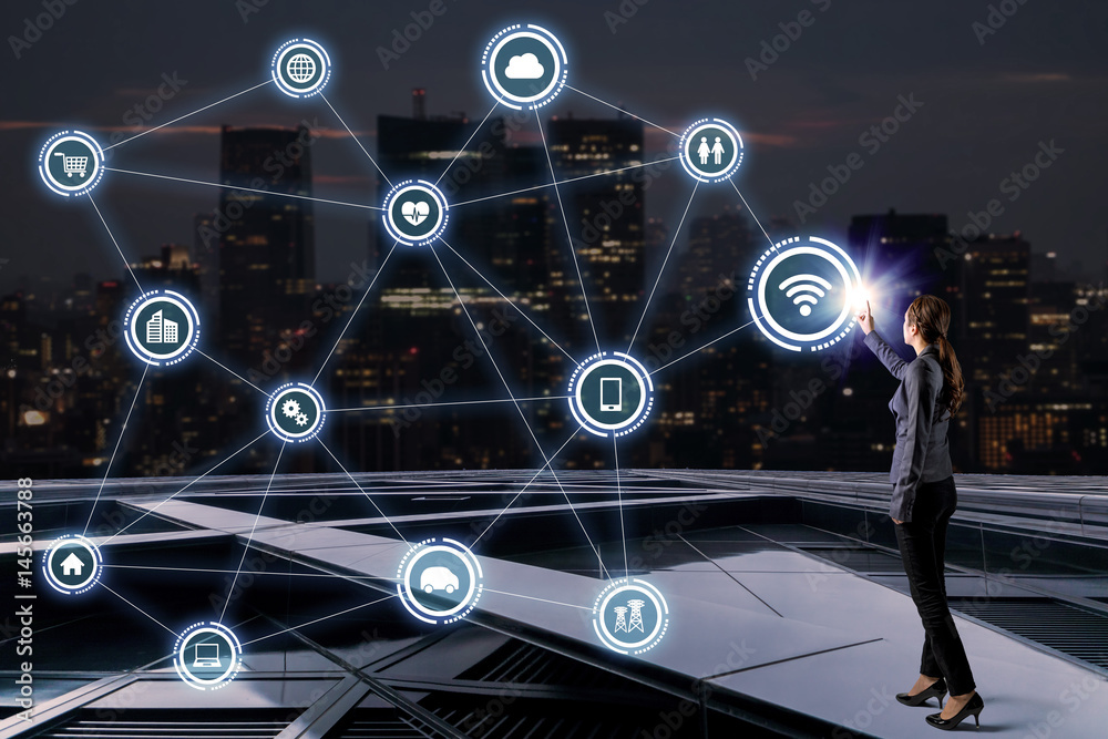 Aufkleber young woman and communication network concept. internet of things. smart city. digital transformatio