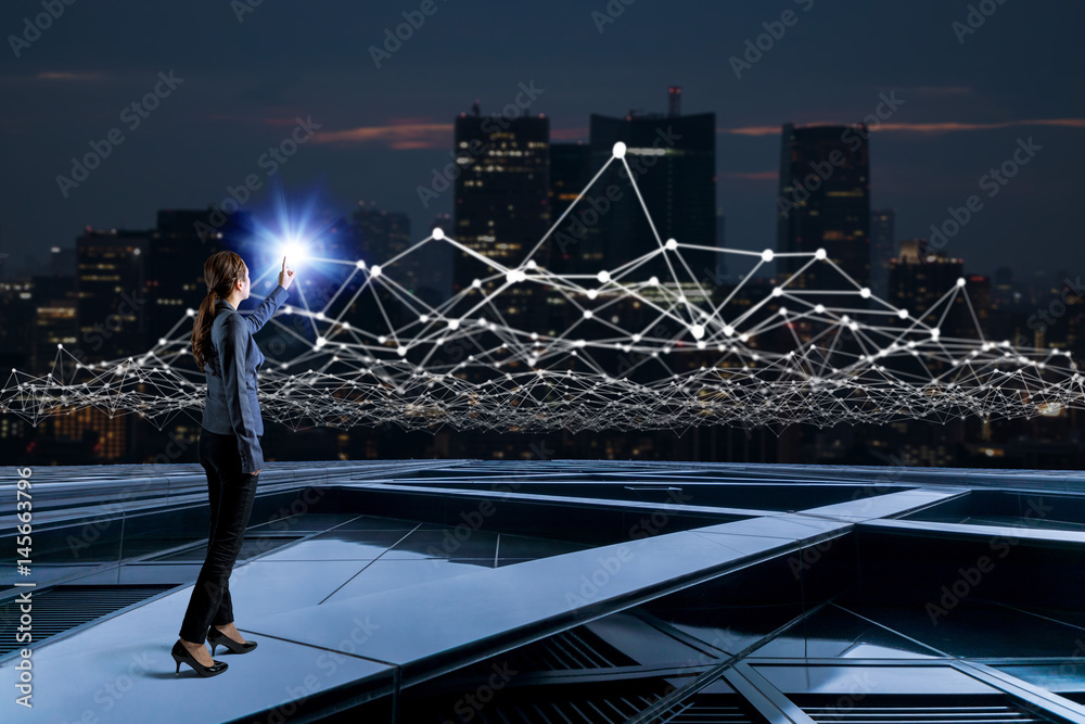 Aufkleber young woman and communication network concept. internet of things. smart city. digital transformatio