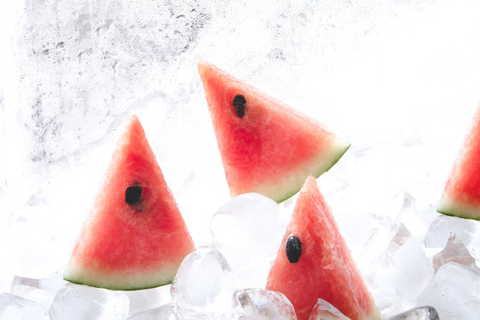 fresh sliced watermelon fruit on cool ice cube