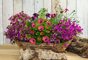 Fototapeta na wymiar A basket with springtime flowers