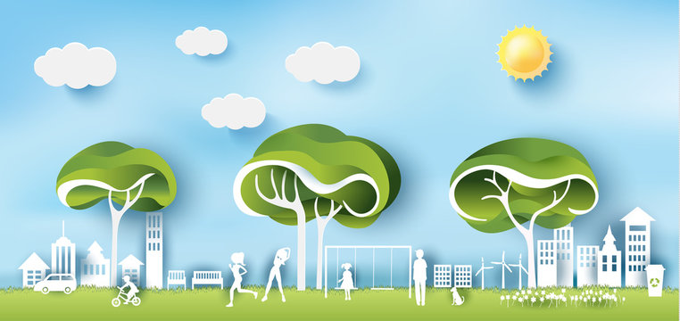 Green eco city and life paper art style, urban landscape and industrial factory buildings concept.vector illustration