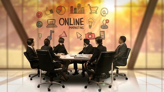 Businesspeople looking at futuristic screen showing online marketing symbol