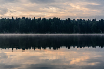 lake fog clouds reflection dawn