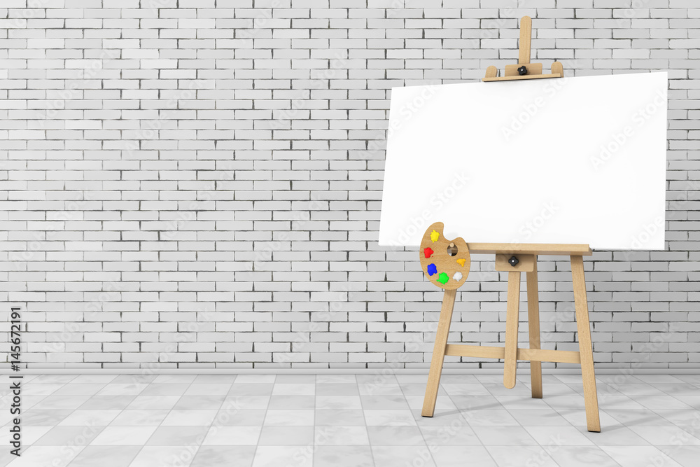 Poster wooden artist easel with white mock up canvas and palette. 3d rendering