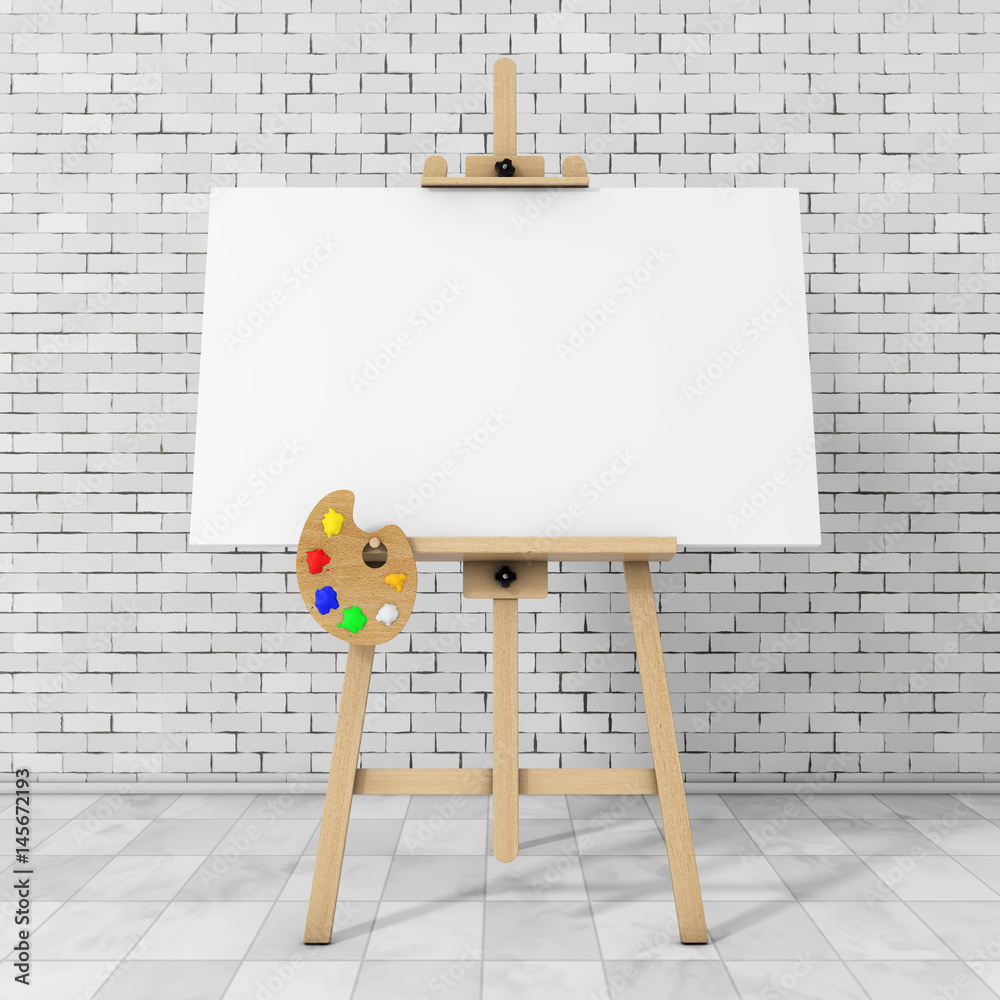 Aufkleber wooden artist easel with white mock up canvas and palette. 3d rendering
