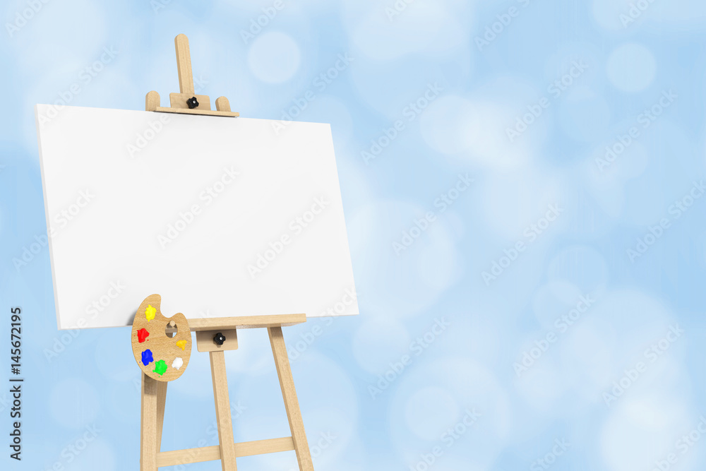 Poster wooden artist easel with white mock up canvas and palette. 3d rendering