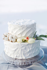 white cream cake and flowers. winter wedding