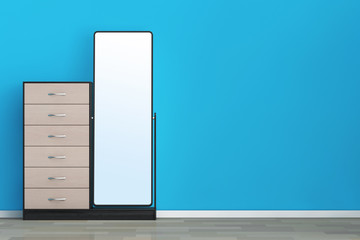 Modern Wooden Dresser with Mirror. 3d Rendering
