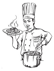 Vector illustration of a master of spaghetti holding a plate of hot pasta in one hand and in the other pot stirred. Chef in uniform.